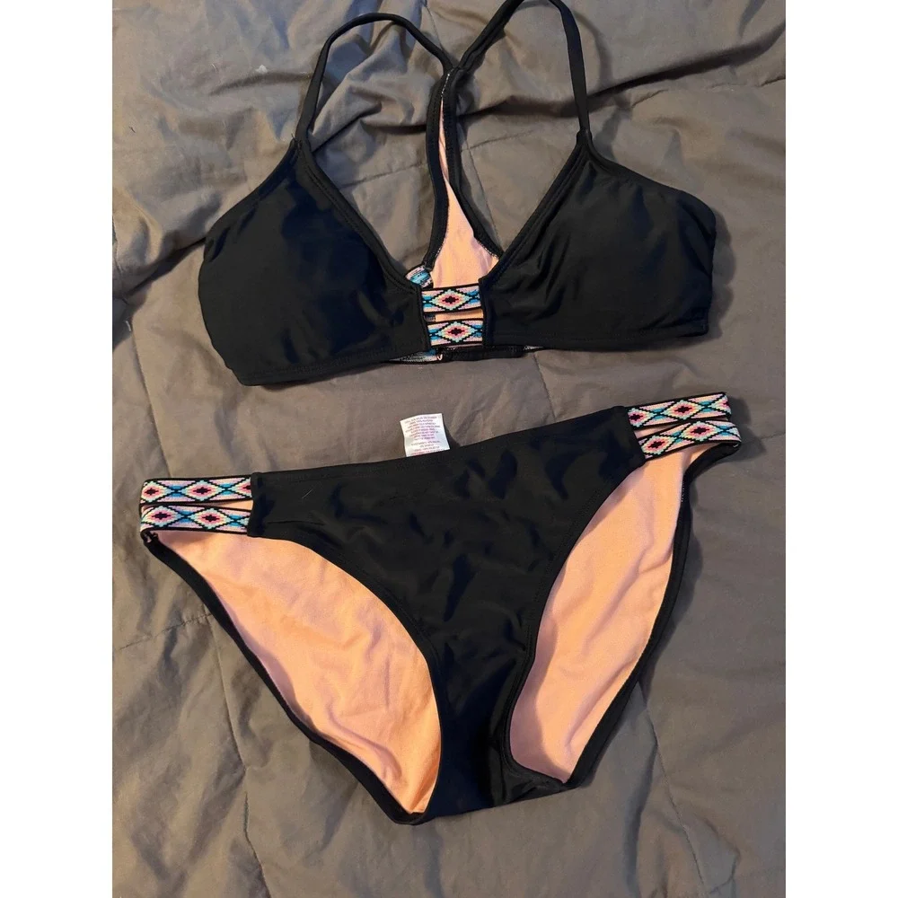 Xhilaration Black Bikini Set Embroidered Strappy Racerback Top M Bottoms L